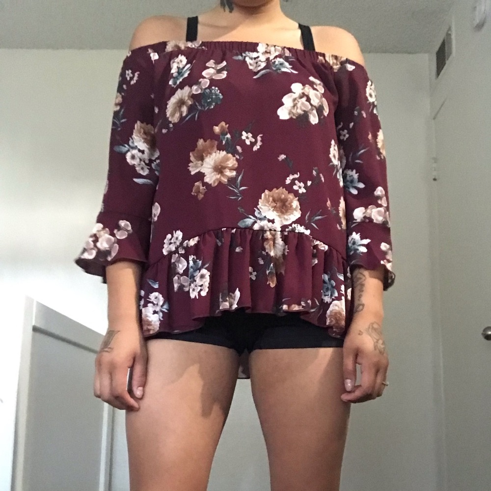 Floral Off The Shoulder Burgundy Blouse